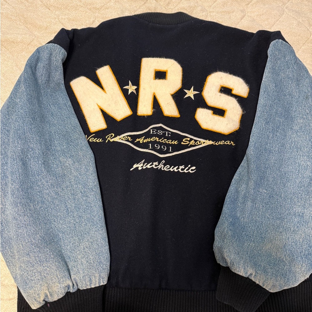 Vintage Navy and denim Varsity bomber Jacket